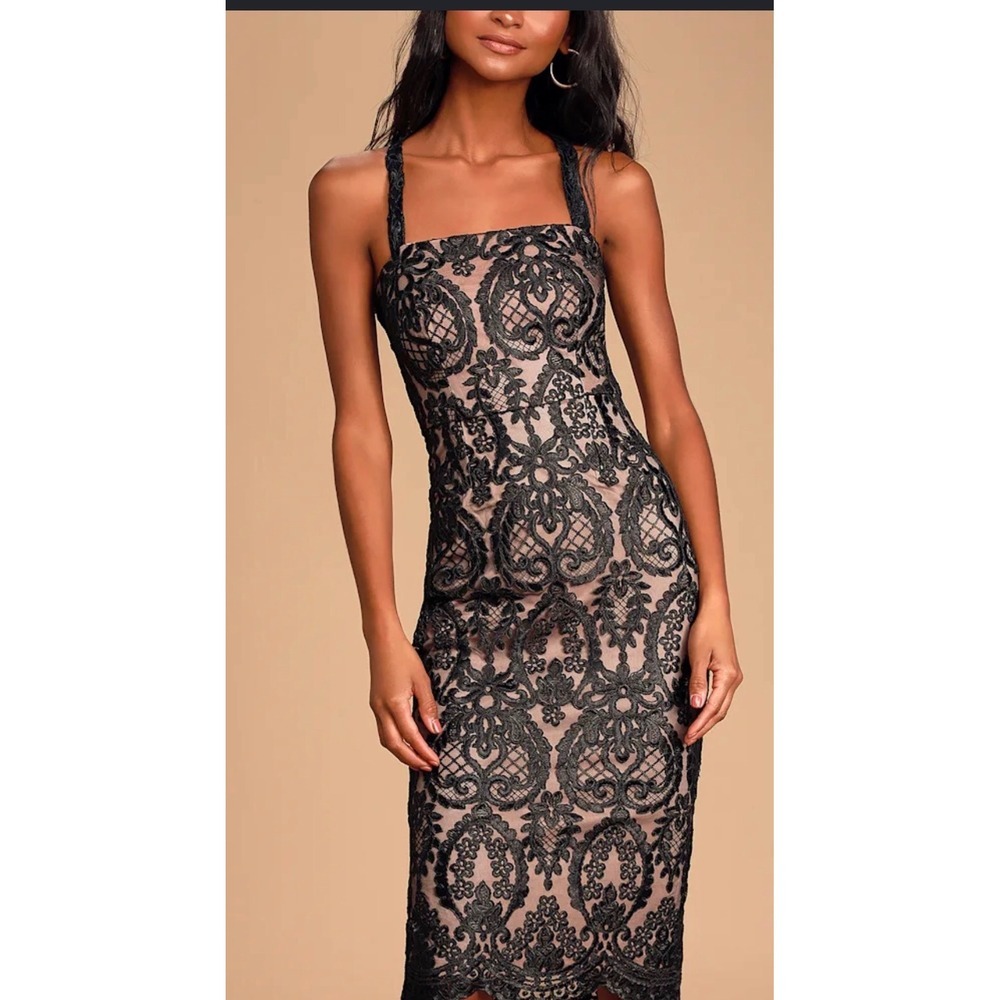 Lulus Lace Bodycon Dress Womens Size Medium Black Nude Embroidered Cocktail Midi